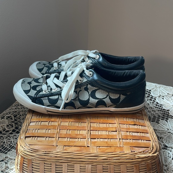 Coach Signature Logo Canvas and Leather Sneakers in black and white - Picture 4 of 9